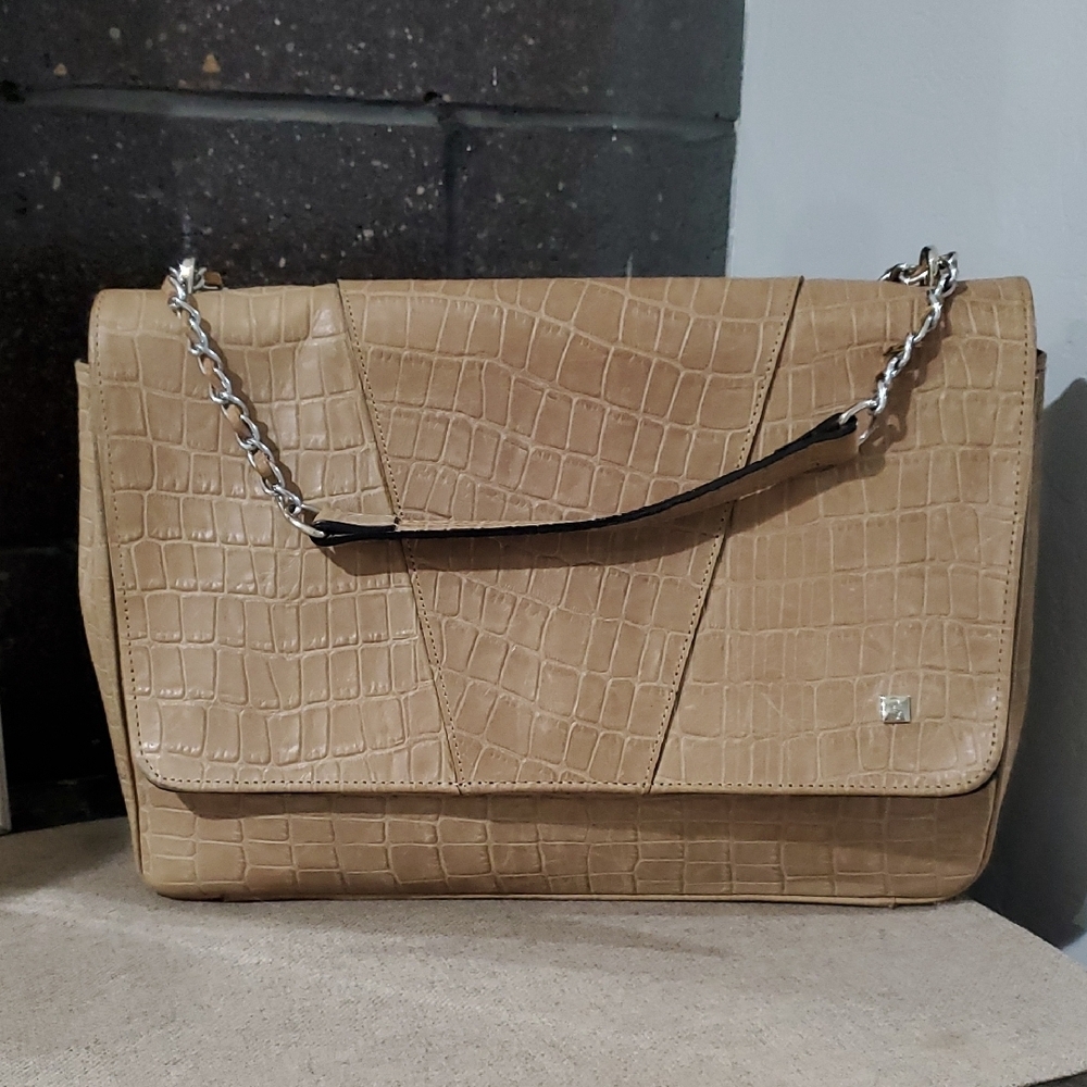 Vintage Carolina Crowley Chic Tan Crocodile-Embossed Shoulder Bag Rectangle